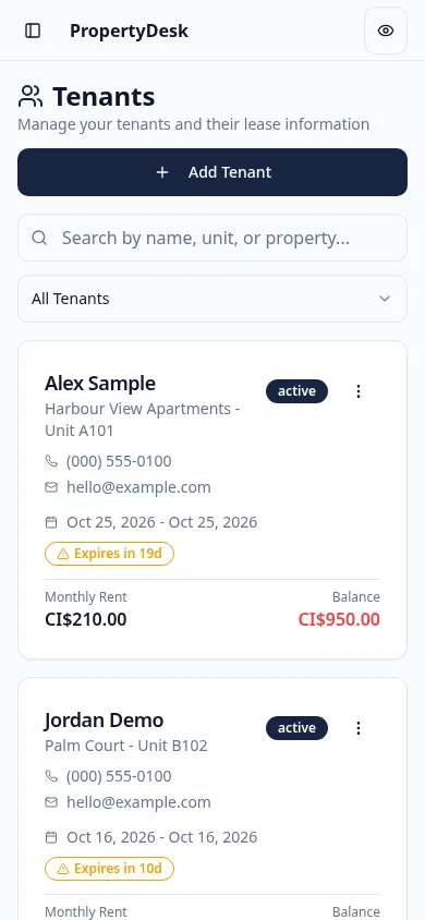 Tenants page on a phone