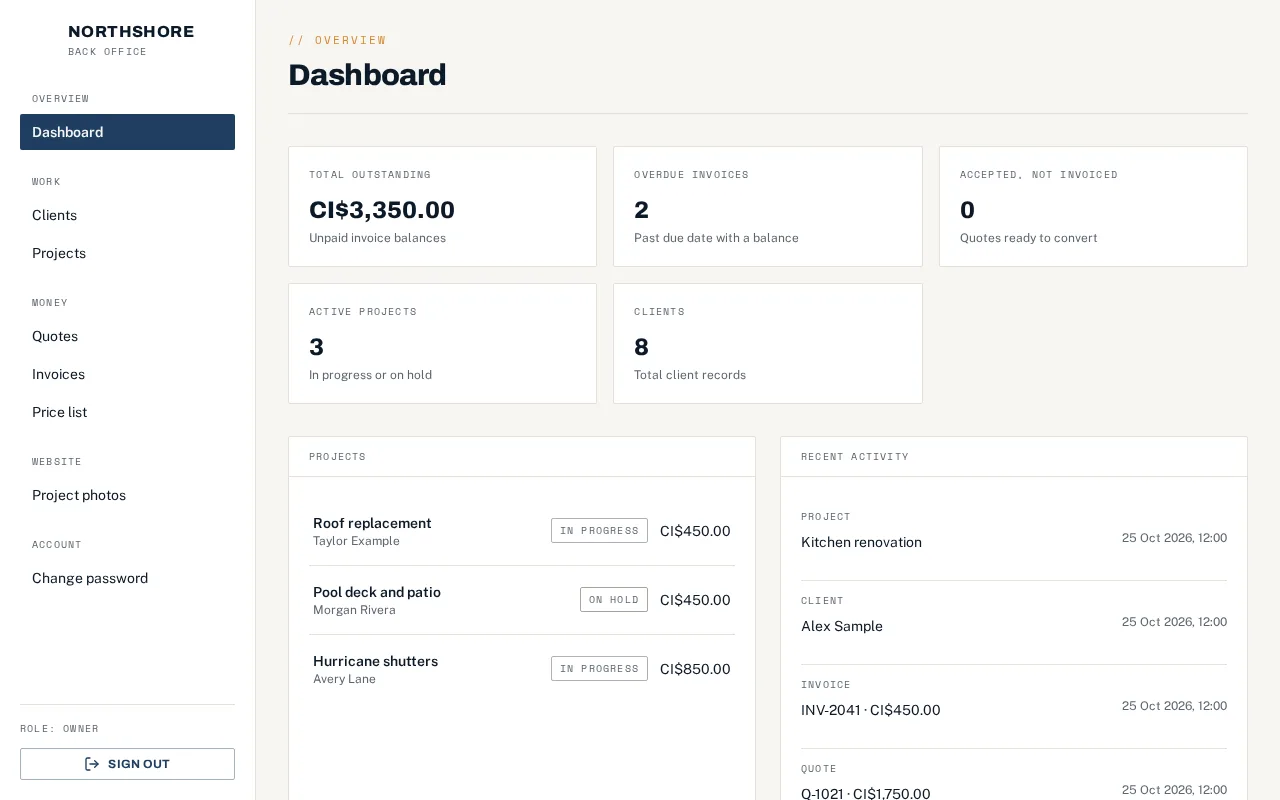 Construction back office dashboard with balances and active projects