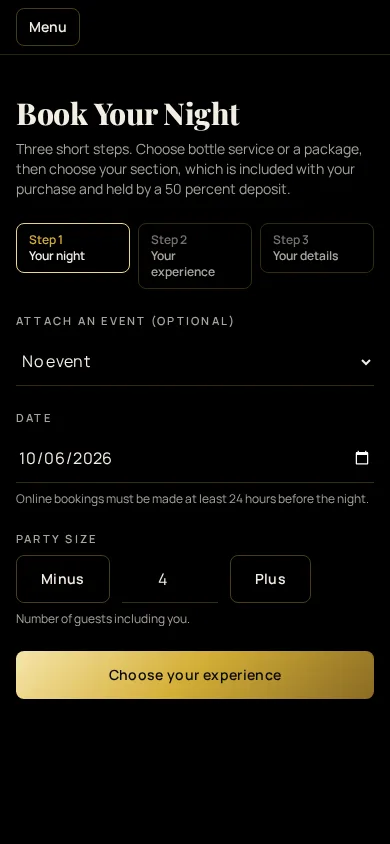 Nightclub reservation page on a phone