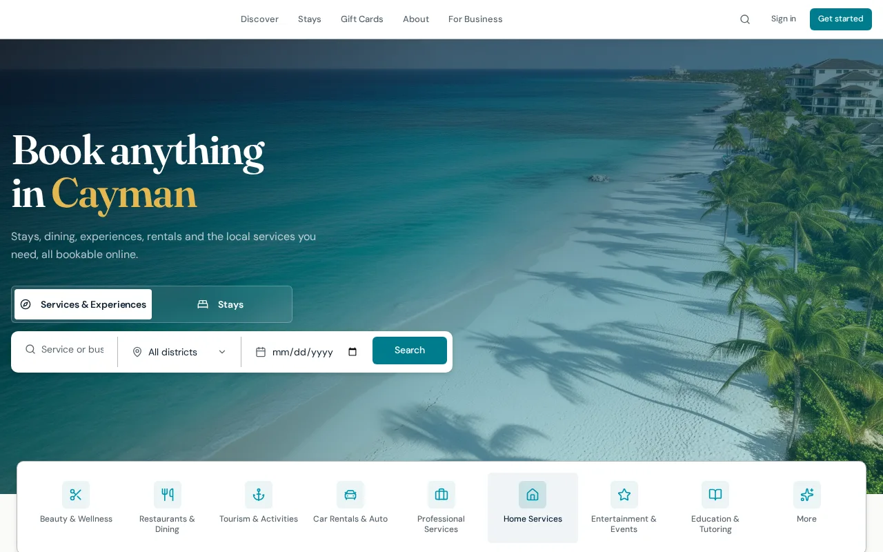 Booking marketplace homepage with a search panel over a beach photo