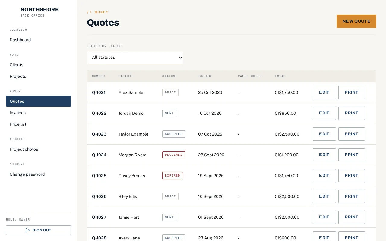 Quotes list with status, dates, totals and print buttons