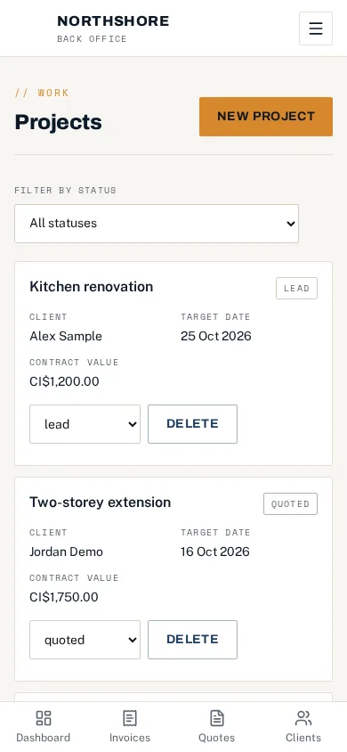 Projects list on a phone