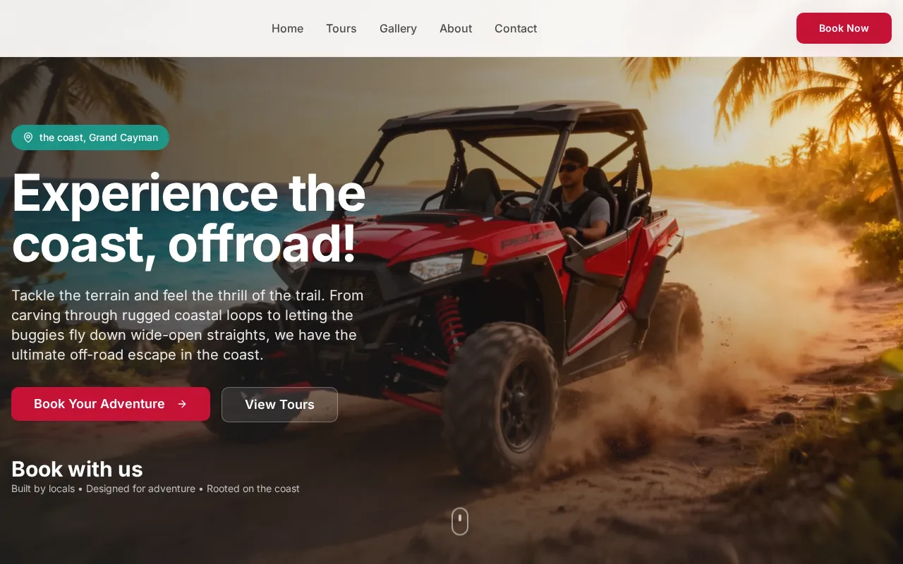Tour operator homepage with featured tours and a booking button