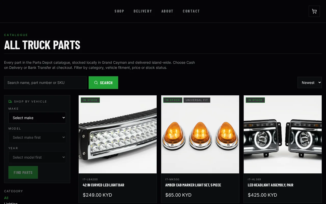 Parts catalogue with vehicle filters and product cards