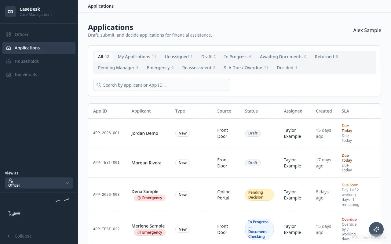 Applications list with status, assigned officer and deadline