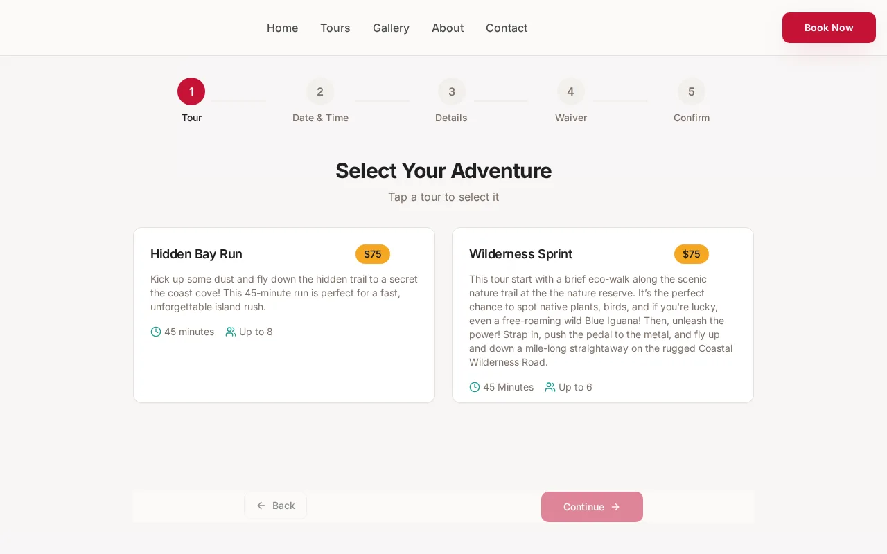 Booking step one with tour cards and a five-step progress bar