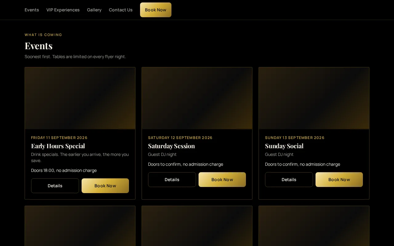 Nightclub events page with event cards