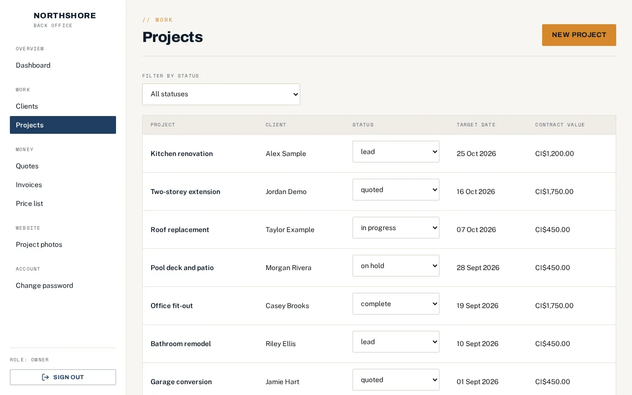 Projects list with client, status, target date and contract value