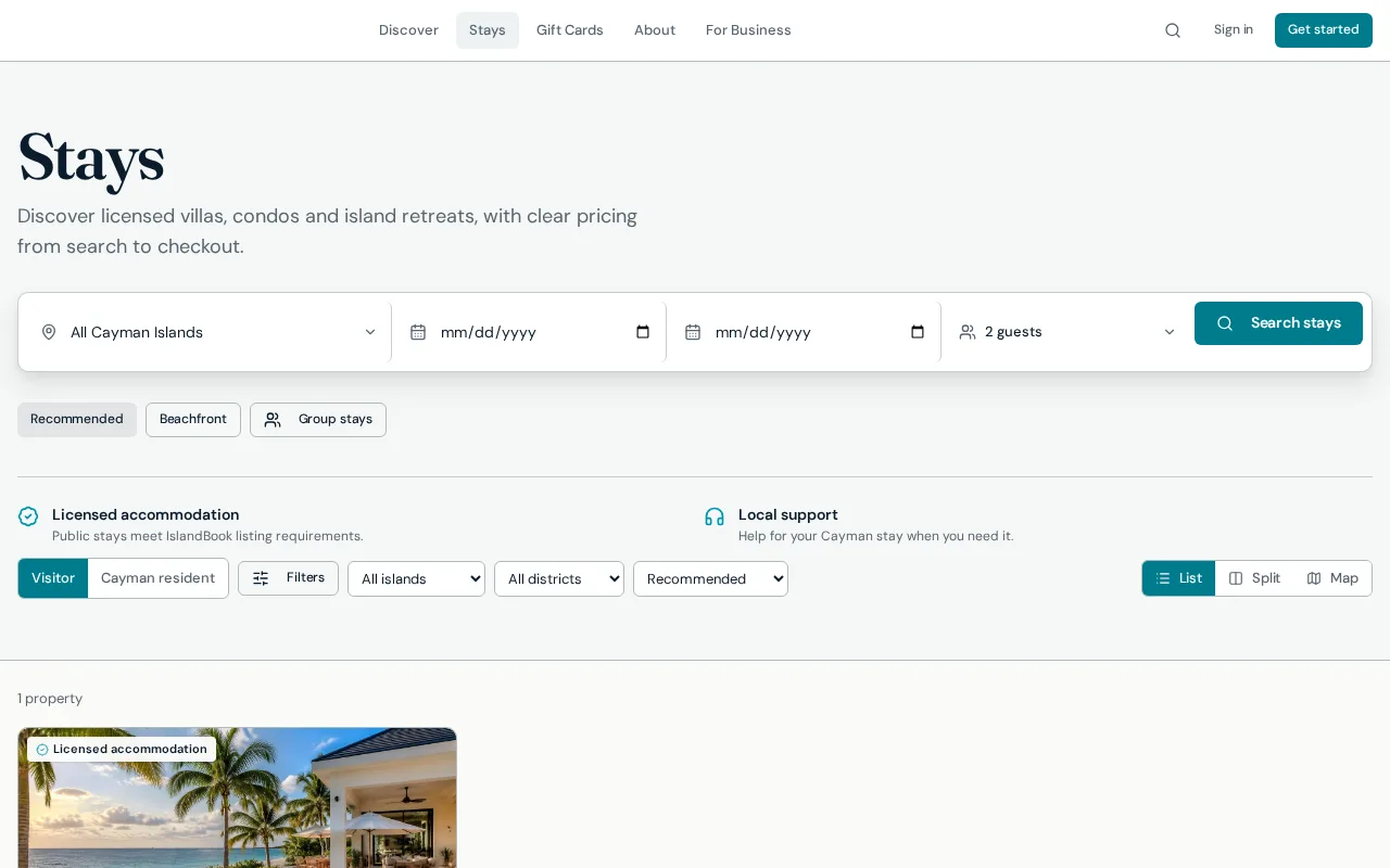 Stays search page with date, guest and location filters