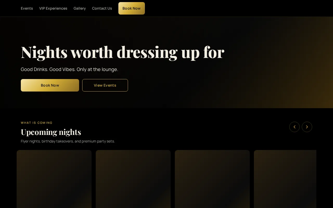 Nightclub homepage with a large serif headline