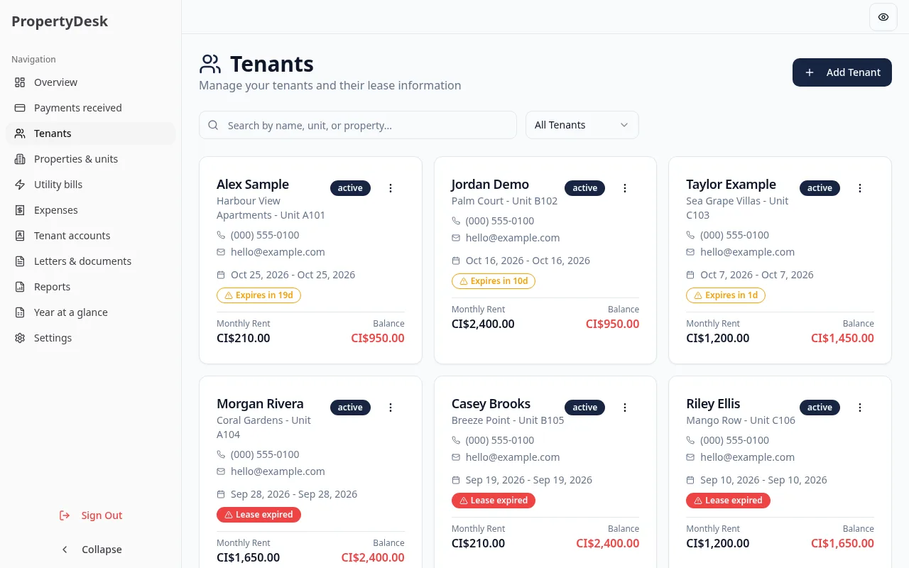 Tenants page with cards showing unit, lease dates, rent and balance