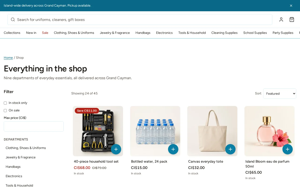 Shop page with filters and product cards